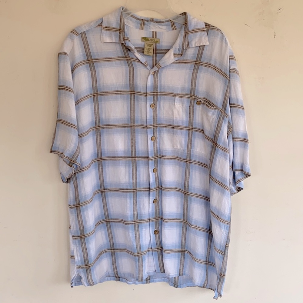Islander Men Linen (65%) Collared Hawaiian Style Large Check Shirt